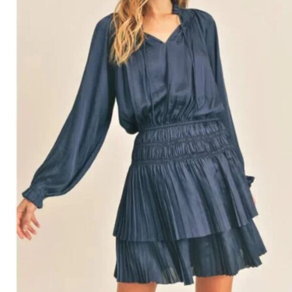 Reset by Jane | Long Sleeve Mini Dress Satin "Lana" Deep Slate Navy | Small - Picture 1 of 10